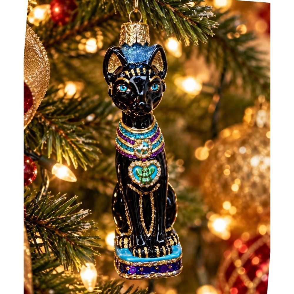 Old World Christmas Egyptian Cat Glass Ornament  Black Gold Glitter Bastet